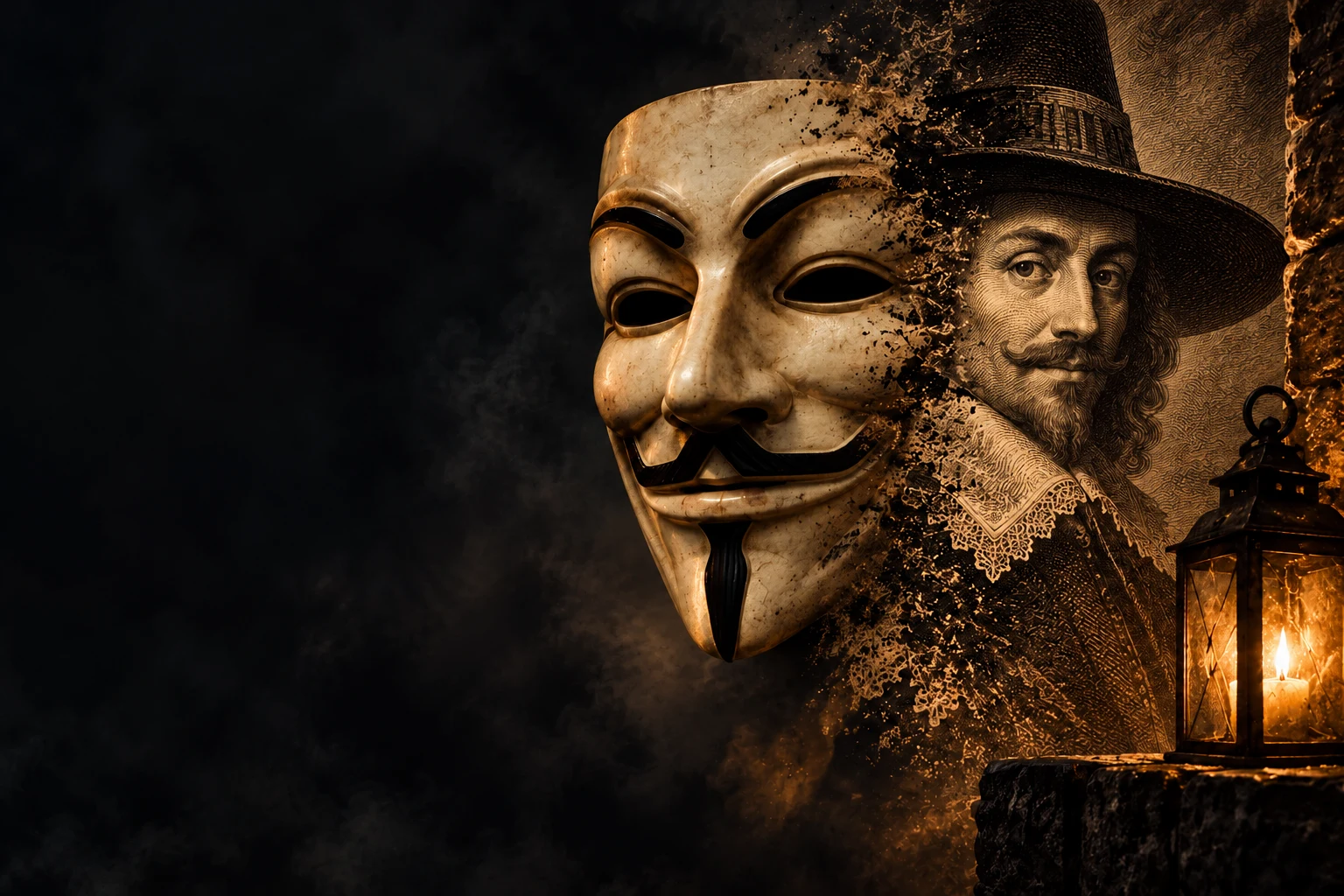 Conceptual illustration of a Guy Fawkes mask dissolving into a seventeenth-century-style face beside a lantern