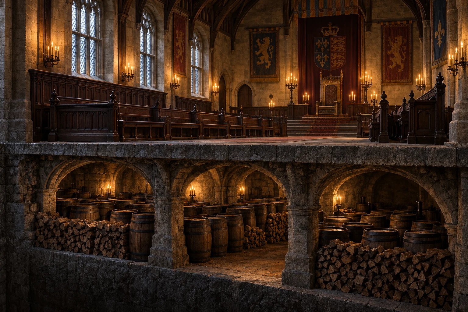 Conceptual cutaway showing a parliamentary chamber above a stone undercroft containing concealed wooden barrels