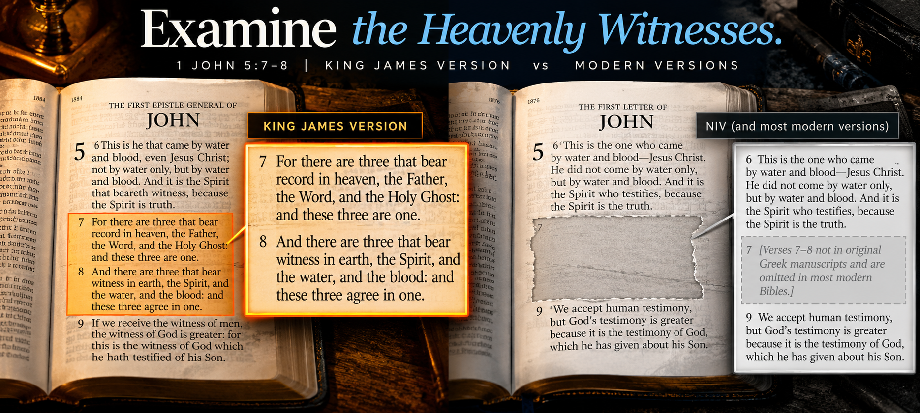 Approved comparison graphic showing the King James Version and modern versions of 1 John 5:7–8