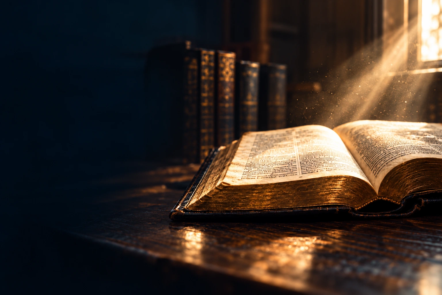 An open antique Bible with sunlight falling across its pages
