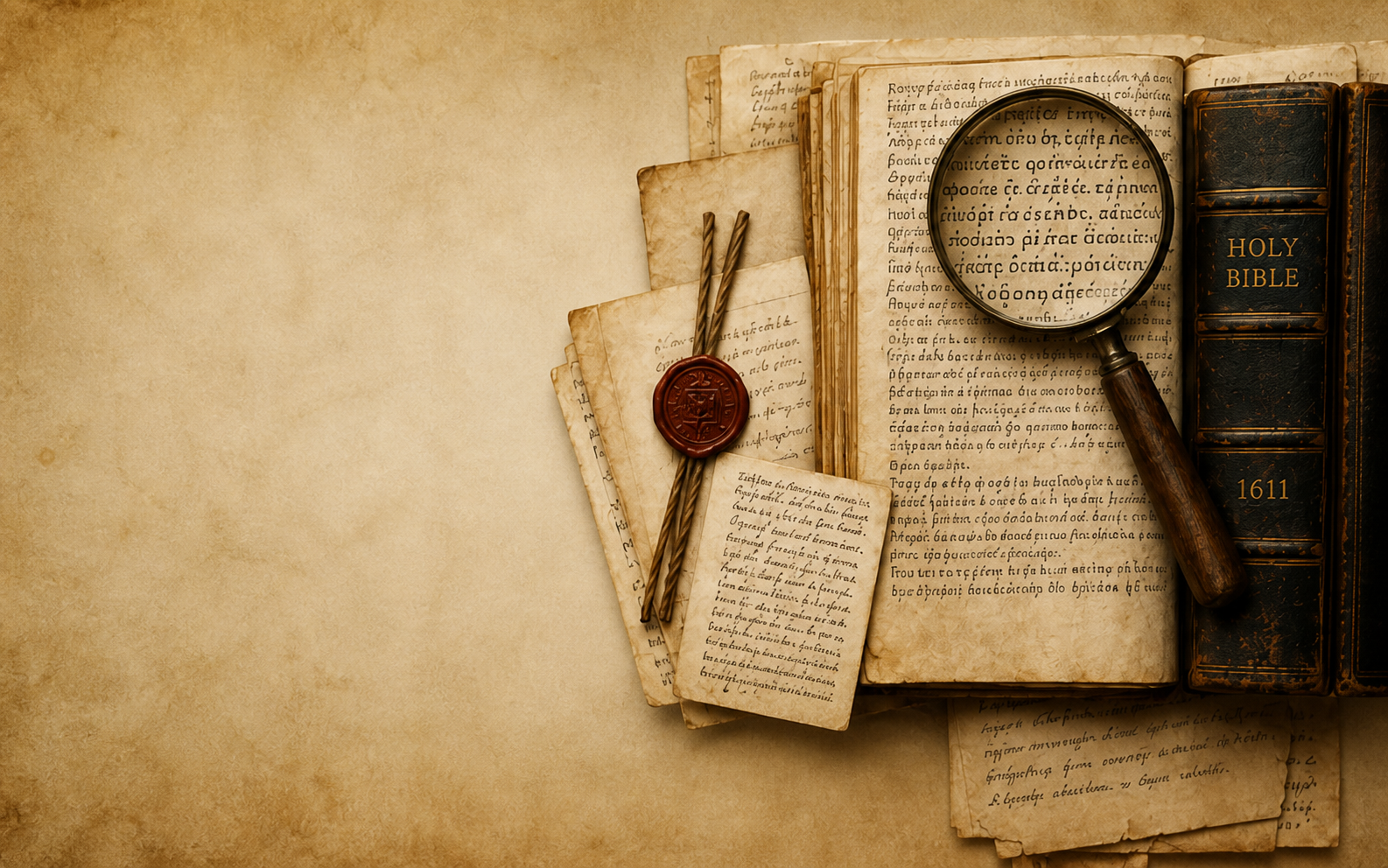 Antique Bible, manuscript pages, wax seal, and magnifying glass